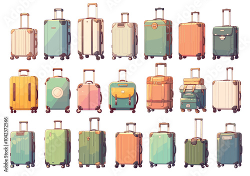 Cartoon suitcases and luggage bags set. Passenger belongings, baggage voyage trip backpack for travelers vector illustration
