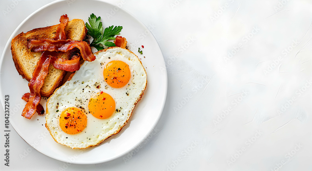 Classic American Breakfast, with eggs bacon and fried toast, on a flat white background, space for text. American Breakfast Concept.