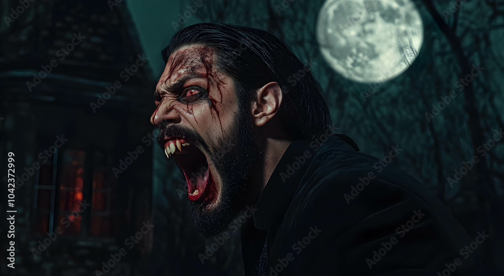 A male vampire with grinning fangs, screaming, red eyes and sharp teeth, standing outside his mansion, against the backdrop of the moon. Halloween concept, Vampire. A male vampire with grinning fangs, screaming, red eyes and sharp teeth, standing outside his mansion, against the backdrop of the moon. Halloween concept, Vampire.