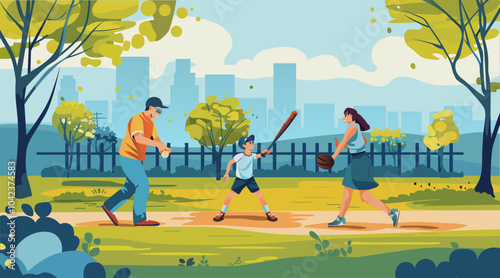 Family playing baseball in park scene. Parents and child enjoy outdoor activity with bat and ball surrounded by trees and cityscape. Bright colors and playful design