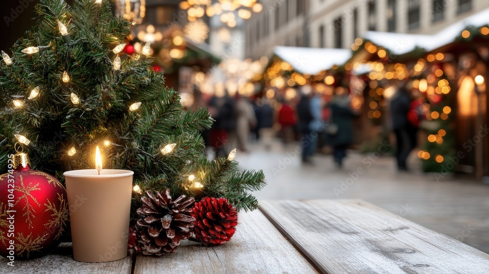 Obraz premium A bustling Christmas market reveals wooden stalls adorned with decorations, offering hot mulled wine and seasonal treats under warm lights