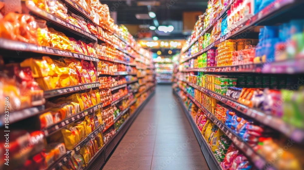 Fototapeta premium Colorful supermarket aisle with products on shelves