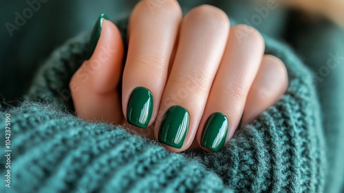 Close-up of a woman's hand with green nail polish, resting on a knitted sweater.