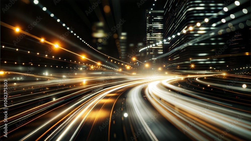 Obraz premium Dynamic light trails on a busy city street at night, low angle view