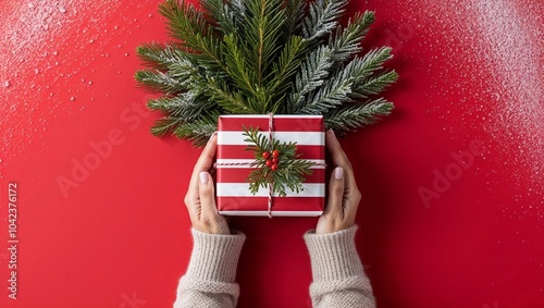 Female hands in a cozy pullover hold a beautifully wrapped Christmas gift box.