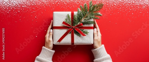 Female hands in a cozy pullover hold a beautifully wrapped Christmas gift box.