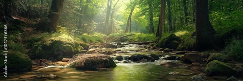 Sunlight pours through the dense greenery, illuminating a tranquil creek that winds quietly through a vibrant forest.