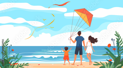 Family beach kite flying scene summer vacation. Parents and child enjoying time by the sea with a colorful kite under a bright sky. Website banner design