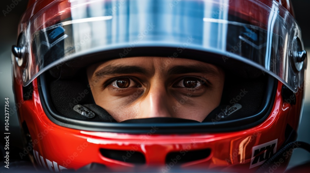 Close-up portrait of an F1 race car driver in a helmet making eye contact Close-up portrait of an F1 race car driver in a helmet making eye contact