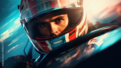 Close-up portrait of an F1 race car driver in a helmet making eye contact  photo