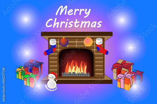 Vector banner with Merry Christmas greetings. A cozy hearth with a fireplace and a fire.The gift boxes are beautifully tied with a bow. A cat in a Santa Claus hat is sitting by the fireplace.Postcard 