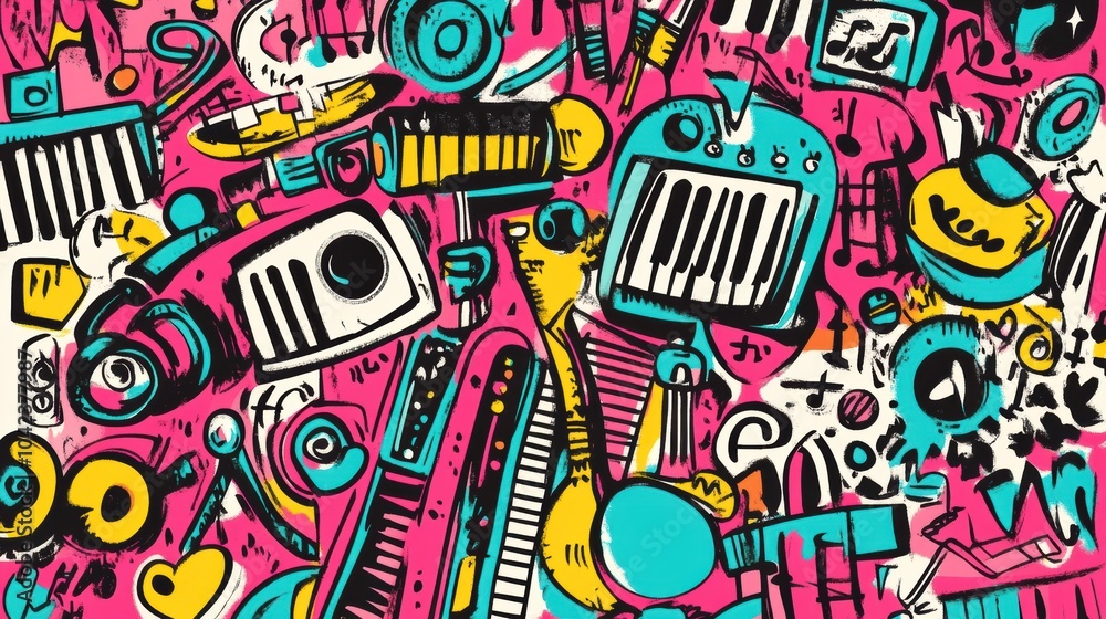 A vibrant collection of doodles showcasing musical instruments, notes, and sound waves fills the canvas, highlighting creativity and rhythm. Generative AI A vibrant collection of doodles showcasing musical instruments, notes, and sound waves fills the canvas, highlighting creativity and rhythm. Generative AI