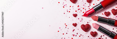 Valentine's day beauty concept with lipstick and heart decorations for romantic celebrations. Top view. Flat lay. Horizontal banner. Copy space. Template for a drugstore, pharmacy, cosmetics store