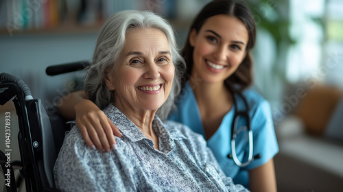 Happy nurse caring for elderly woman in a wheelchair