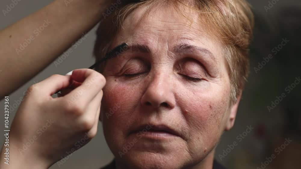 A cosmetologist paints the eyebrows of an elderly woman. A cosmetologist paints the eyebrows of an elderly woman.