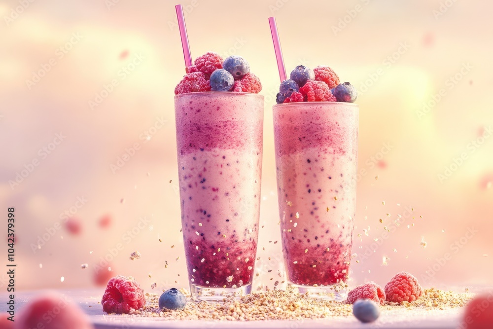 Two pink drinks with straws in them and a bunch of berries on the table Two pink drinks with straws in them and a bunch of berries on the table