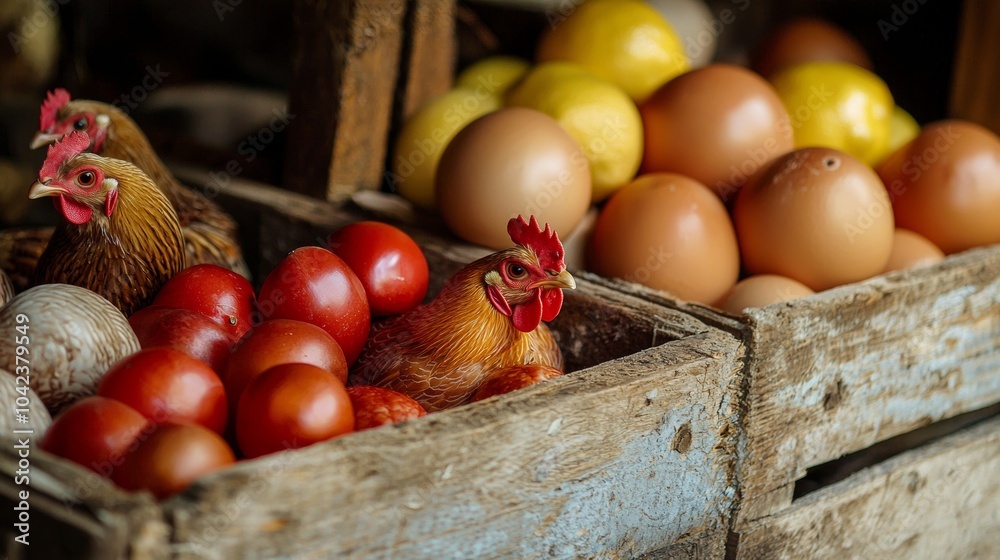 Chickens in rustic crate with fresh eggs and produce Chickens in rustic crate with fresh eggs and produce