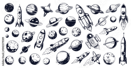 Doodle outer space set. Hand drawn cosmic elements planets rockets, sketch comet rocketship vector illustration