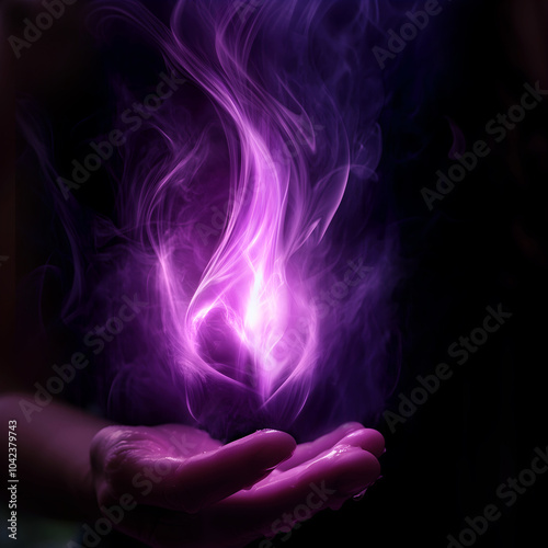 A hand holding the Violet Flame of Master Saint Germain. Transformation, meditation, visualisation to cleanse your energy, aura and body. Clear and dissolve blockages and shadows. Poster, wallpaper.  photo