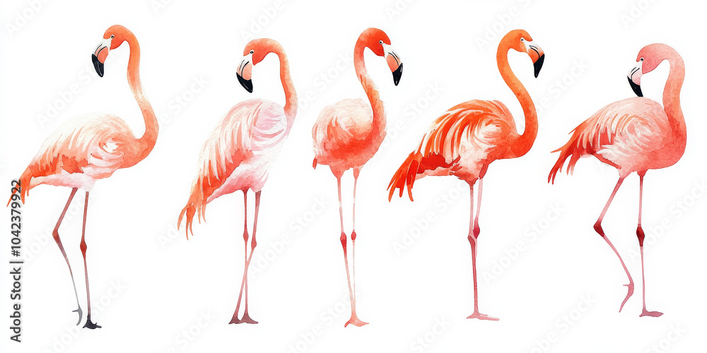 Obraz premium A set of five watercolor flamingos depicted in various natural postures, with their long legs and slender necks delicately hand-painted in soft pinks and corals. The isolated white background enhances