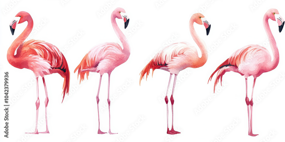 Obraz premium A set of five elegant pink flamingos standing in various poses, hand-painted in delicate watercolor strokes. The soft shades of pink and coral blend beautifully against the isolated white background,
