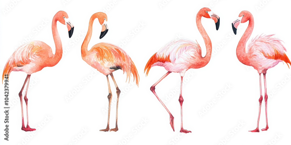 Obraz premium A set of five watercolor flamingos depicted in various natural postures, with their long legs and slender necks delicately hand-painted in soft pinks and corals. The isolated white background enhances