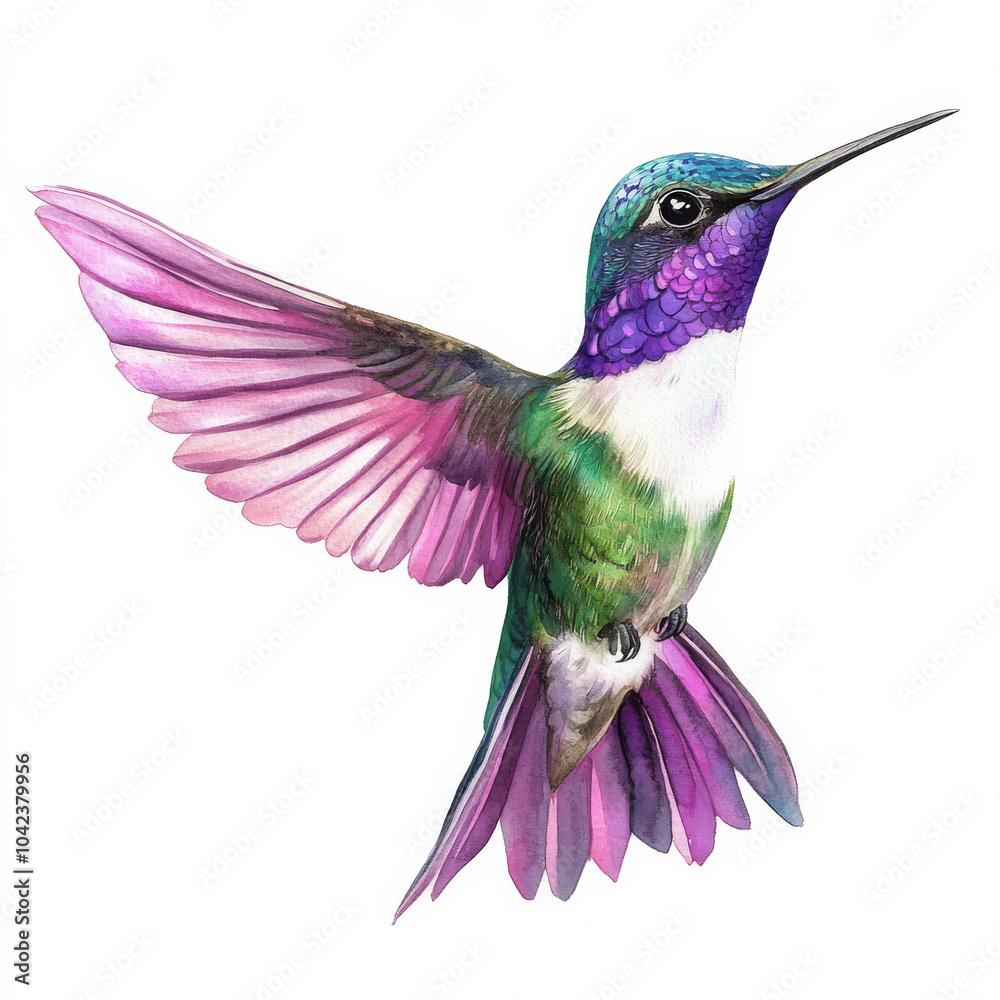 Fototapeta premium A stunning hummingbird in shades of violet, pink, and green, painted in watercolor. Isolated on a white background, this tropical bird is ideal for vibrant, nature-inspired designs.