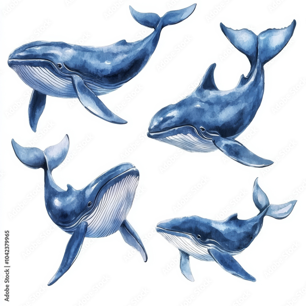Fototapeta premium Hand-painted watercolor set of blue whales, showing different angles and movements. Isolated on a white background, these ocean creatures bring a serene marine atmosphere to the illustration.