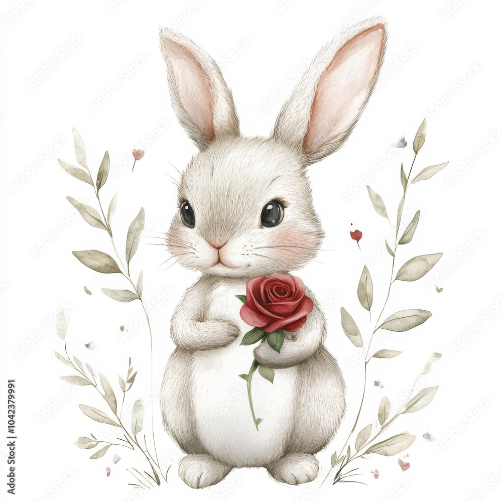 Obraz premium A playful Easter bunny holding a red rose in its paws, surrounded by delicate watercolor leaves. The cute, fluffy bunny is the centerpiece of this charming Easter poster set on an isolated white
