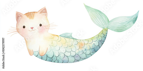 A watercolor illustration of a sweet mermaid cat with a scaly fish tail and an innocent expression. The soft pastel colors contrast against the clean white background, making it perfect for