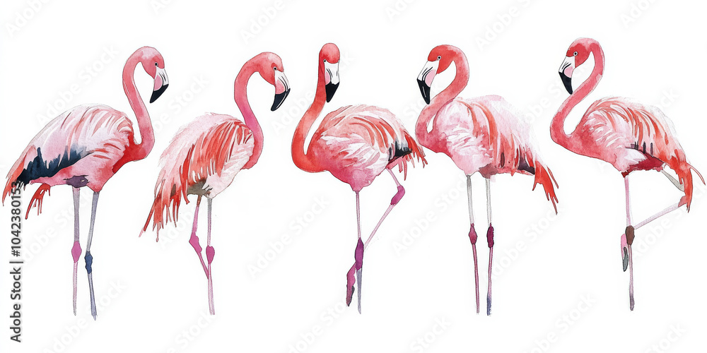 Obraz premium Watercolor illustration of five flamingos in graceful poses, with vibrant pink feathers contrasting sharply against a pure white background. Each flamingo shows unique movement, from standing tall to