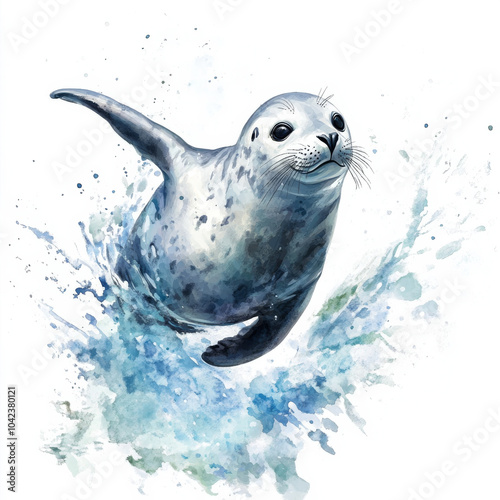 A lively seal gracefully swimming, depicted in mid-motion with splashes of water around it. This watercolor illustration showcases the charm of marine life against a white background. photo