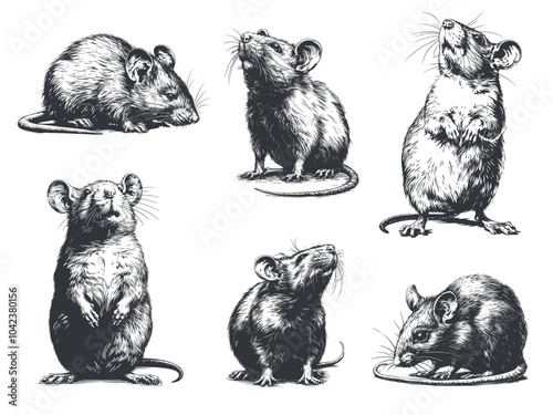 Engraving rat poses set. Wild or domestic roden sitting standing on hind legs, little house pet vector illustration