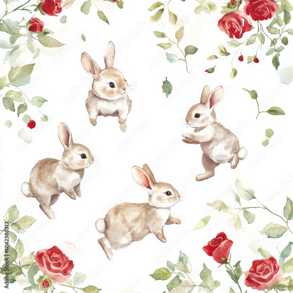 A watercolor scene of multiple cute Easter bunnies hopping around red roses and leaves, painted in soft pastel hues. The lively spring atmosphere is perfect for an Easter poster design, with an A watercolor scene of multiple cute Easter bunnies hopping around red roses and leaves, painted in soft pastel hues. The lively spring atmosphere is perfect for an Easter poster design, with an