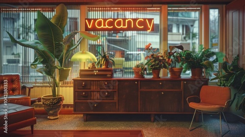 Cozy motel lobby with retro decor, vibrant indoor plants, and a glowing 'vacancy' neon sign, welcoming late arrivals.