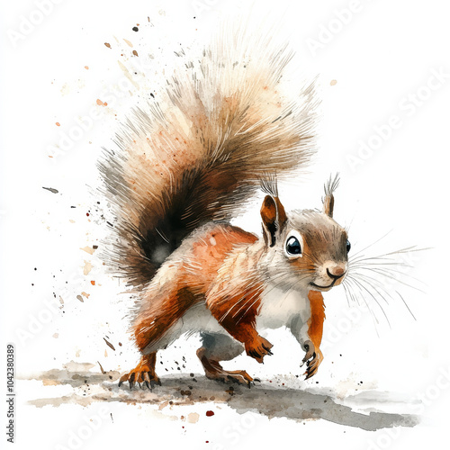 A cheerful squirrel scampering across the ground, with its fluffy tail and playful demeanor. Hand-painted in watercolor, this illustration is perfect for an animal-themed art collection, set against a photo