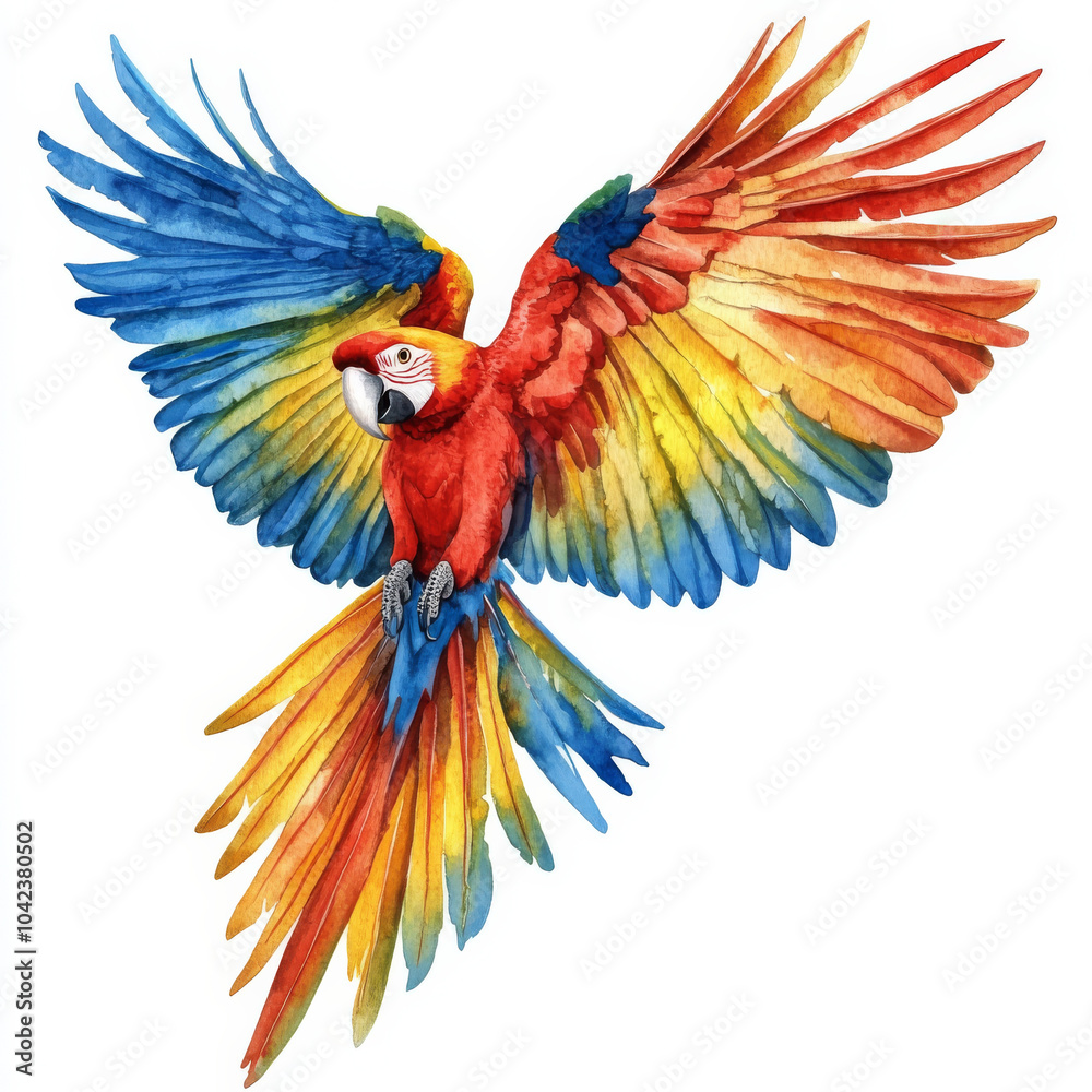 Fototapeta premium A vibrant macaw in flight, showcasing its colorful feathers and dynamic pose. This watercolor illustration captures the essence of tropical wildlife, set against a white background.