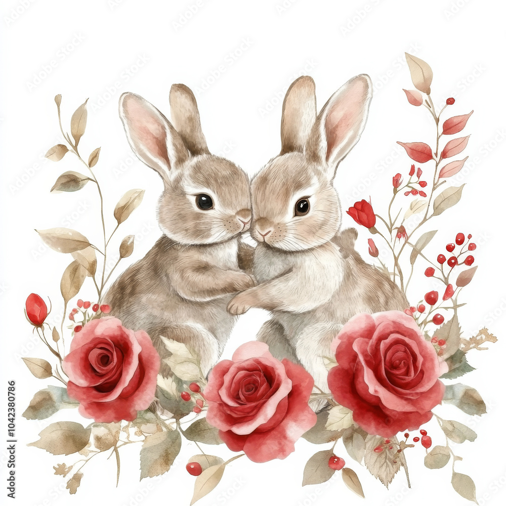 Obraz premium A watercolor drawing of two cute Easter bunnies playing among red roses and leaves, set on a white background. The soft, detailed painting creates a charming and festive Easter poster for seasonal