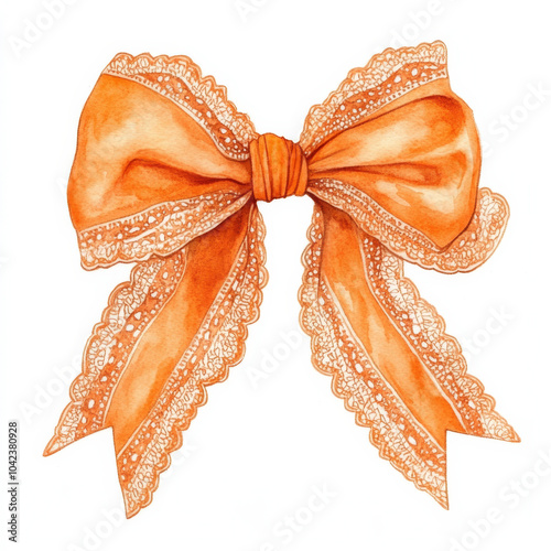 A stunning watercolor illustration of an orange lace bow, tied intricately with delicate detailing. The hand-drawn design is isolated on a white background, ideal for elegant and sophisticated photo