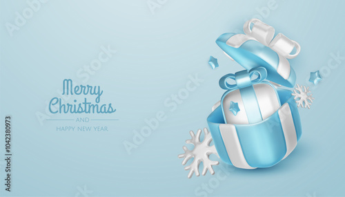 Happy New Year and Merry Christmas. Christmas holiday background with realistic 3d objects, blue and white bauble balls, conical metal stars, gift. Levitation falling design composition.