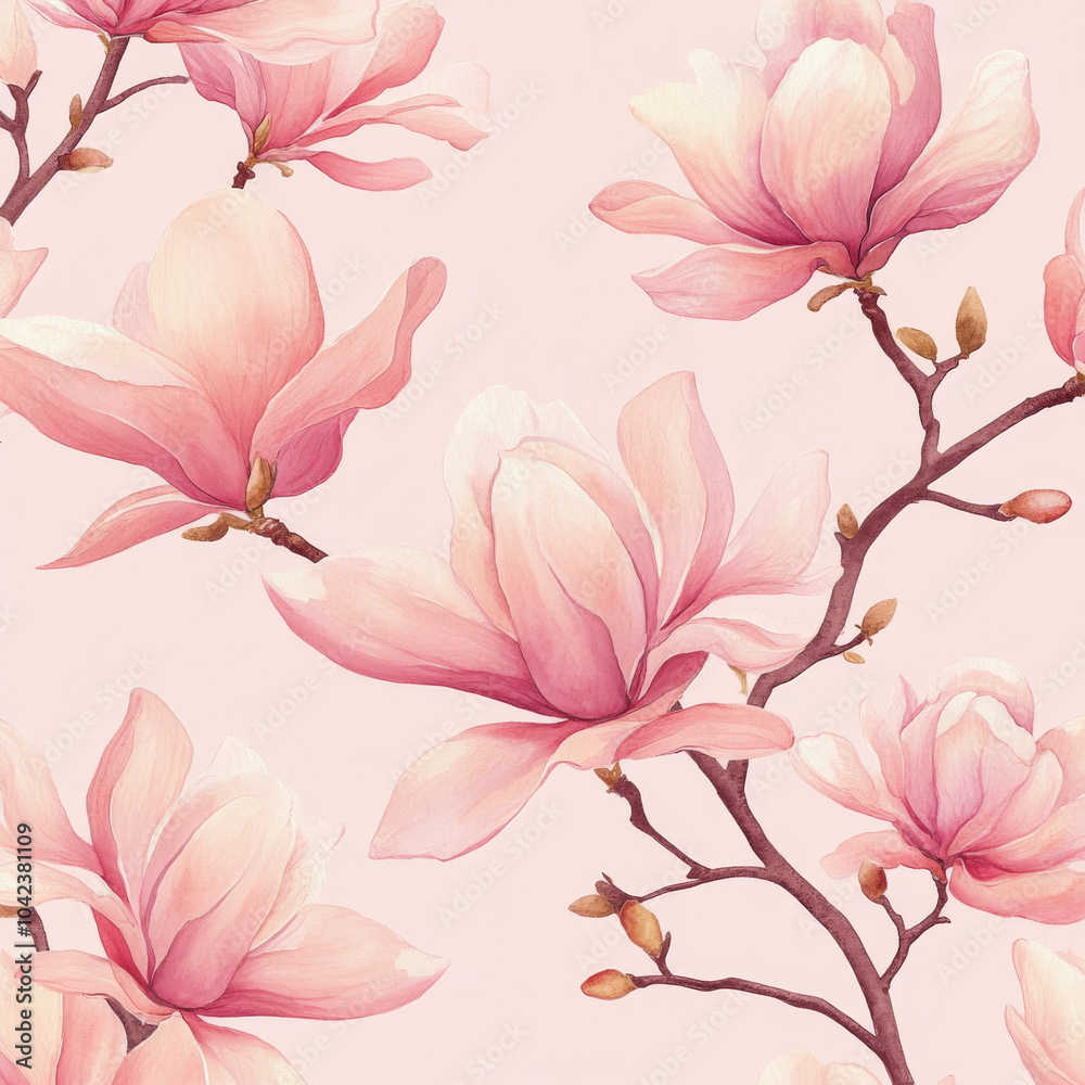 Obraz premium An elegant seamless pattern of spring magnolia flowers painted in soft pink watercolor. The intricate hand-drawn flowers are beautifully complemented by a light pink background, making this design