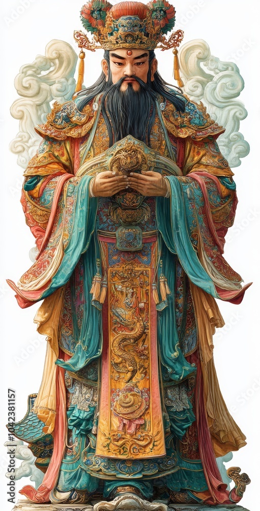 A colorful statue of a Chinese deity with a long beard and intricate clothing. A colorful statue of a Chinese deity with a long beard and intricate clothing.