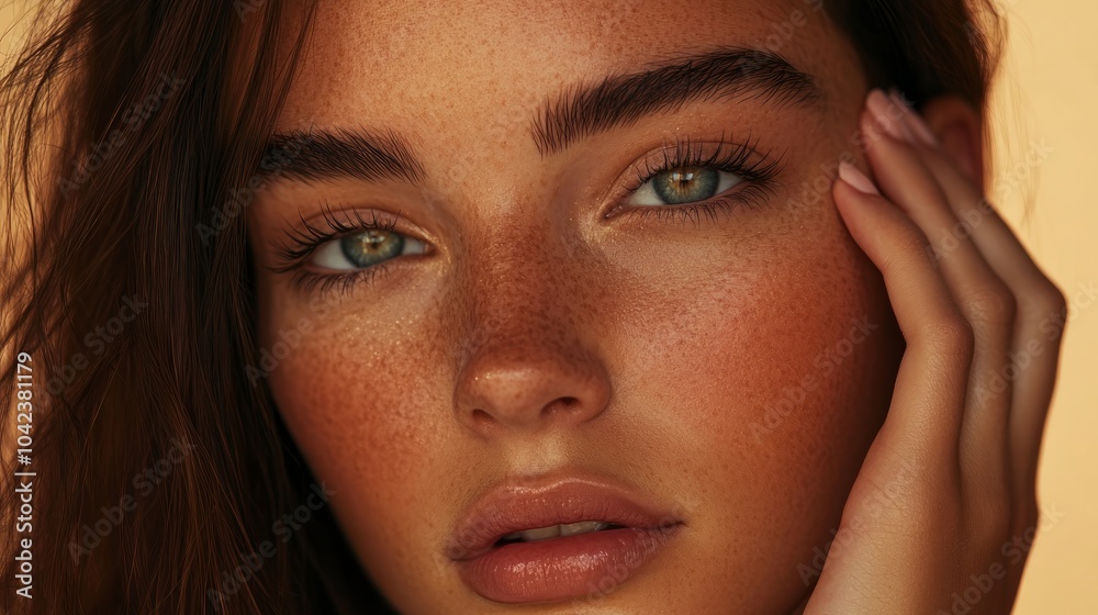 Close-up portrait of a young woman with freckles and blue eyes looking at the camera. Close-up portrait of a young woman with freckles and blue eyes looking at the camera.