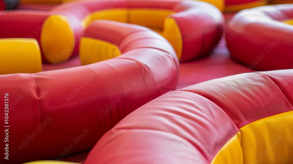 A soft play area with red and yellow cushions arranged in a circular shape reminiscent of a circus ring for kids to crawl and roll around on. A soft play area with red and yellow cushions arranged in a circular shape reminiscent of a circus ring for kids to crawl and roll around on.