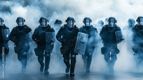 Tear Gas and Tension:Law Enforcement in Action,Riot Police Charge Through Smoke.Concept of civil unrest, police brutality, social justice protests, law enforcement tactics, urban chaos.