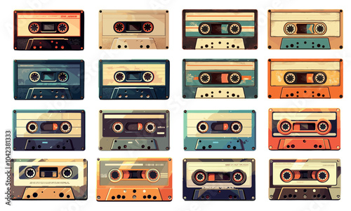 Flat retro cassette tape set. Vintage music player mixtapes, 90s nostalgia, analogue sound devices vector illustration