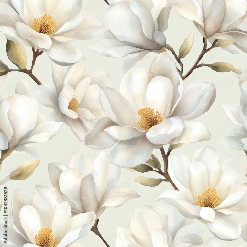 A beautiful seamless pattern featuring exquisite white magnolia flowers, each hand-painted with attention to detail. The soft watercolor design is set against a gentle background, making it perfect A beautiful seamless pattern featuring exquisite white magnolia flowers, each hand-painted with attention to detail. The soft watercolor design is set against a gentle background, making it perfect