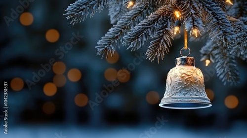 A beautiful white Christmas bell ornament adorned with black stars and a brown bow is gracefully suspended from dark green pine branches