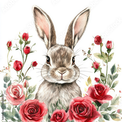 A playful Easter bunny surrounded by red roses, delicately hand-painted in watercolor. The bunnyâ€™s curious expression and the elegant floral arrangement on a white background create a perfect Easter photo