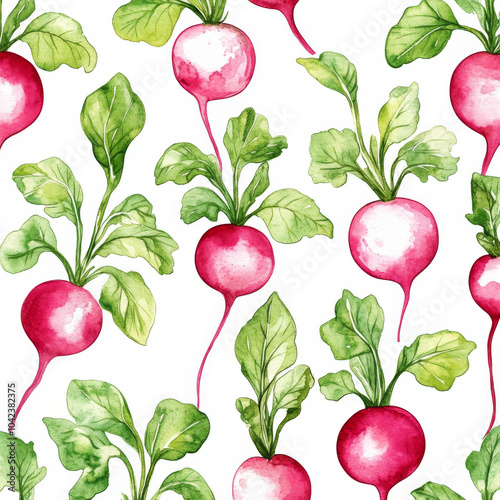 A seamless pattern of realistic radishes with vibrant green leaves, hand-painted in watercolor. The botanical design is perfect for kitchen-themed fabric, textile, or wallpaper, bringing a fresh,